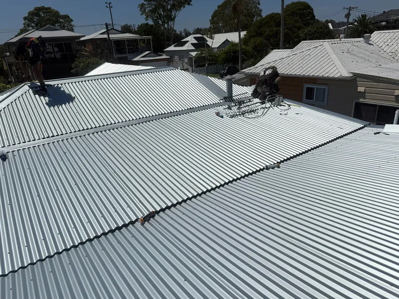 Unpainted corrugated metal roof sheets on an established home