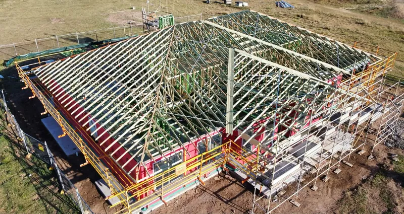 Roof framing seen from the corner of the Tingira Heights house