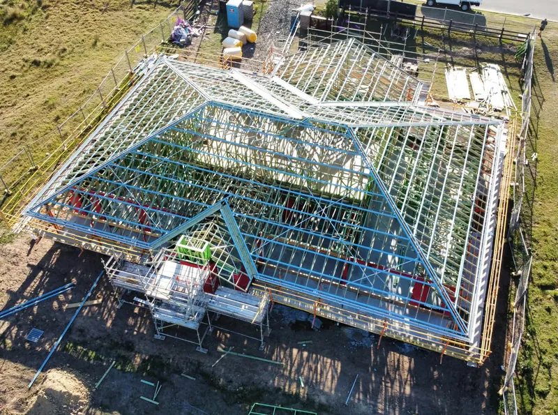 Roof battens over the framing, seen from above at an angle, Tingira Heights
