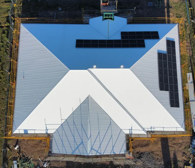 Top-down view of the finished Surfmist roof with solar panels in Tingira Heights
